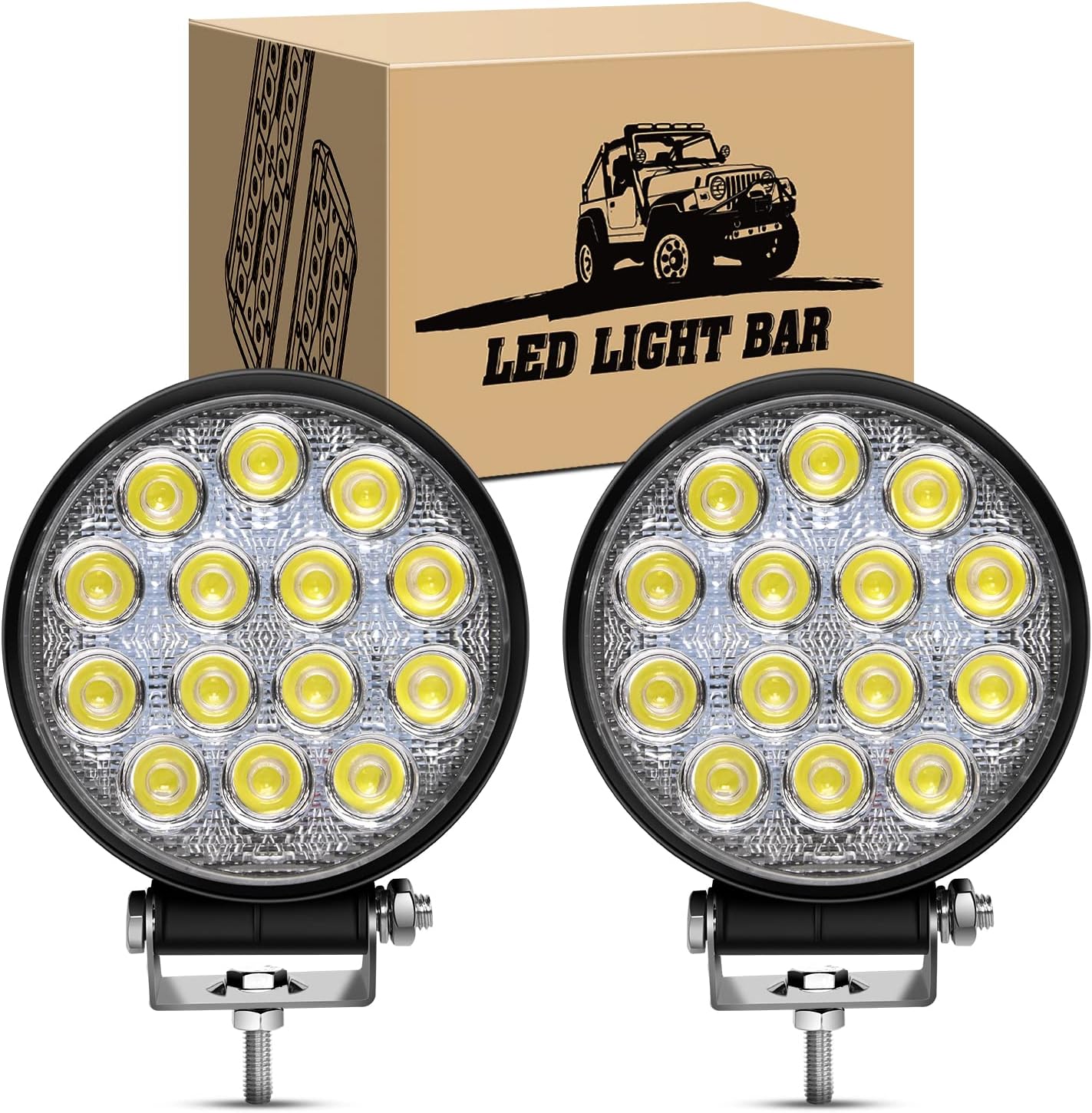 2PCS 4.5Inch 42W Led Round Lights off road led flood light 4200LM Driving Roof Pods Lamp bumper lights Work light Led Fog Lights for Trucks Tractor Atv, 2 Years Warranty