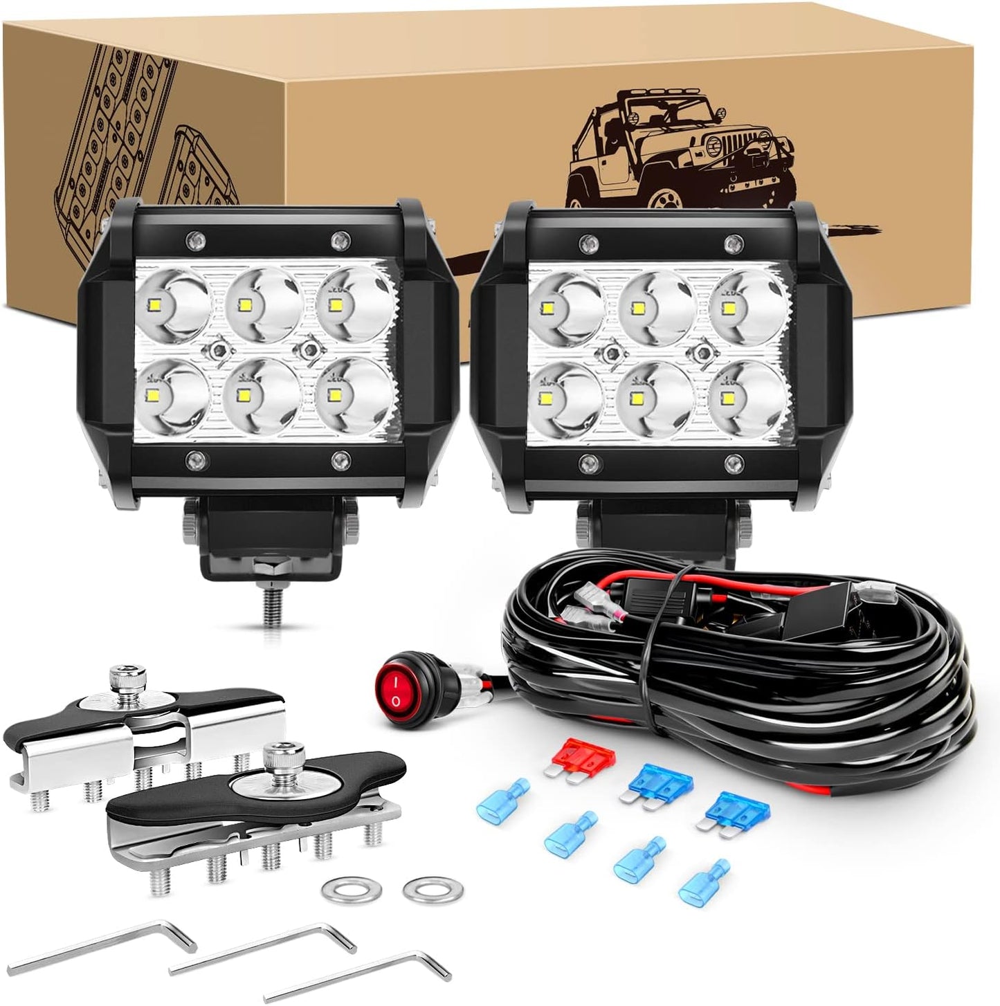 2PCS 18W LED Pods Spot Light Bar Fog Light Universal Adjustable Pillar Hood Led Work Light with 16AWG Off Road Wiring Harness-2 Leads for Truck Golf Cart SUV ATV UTV Boat