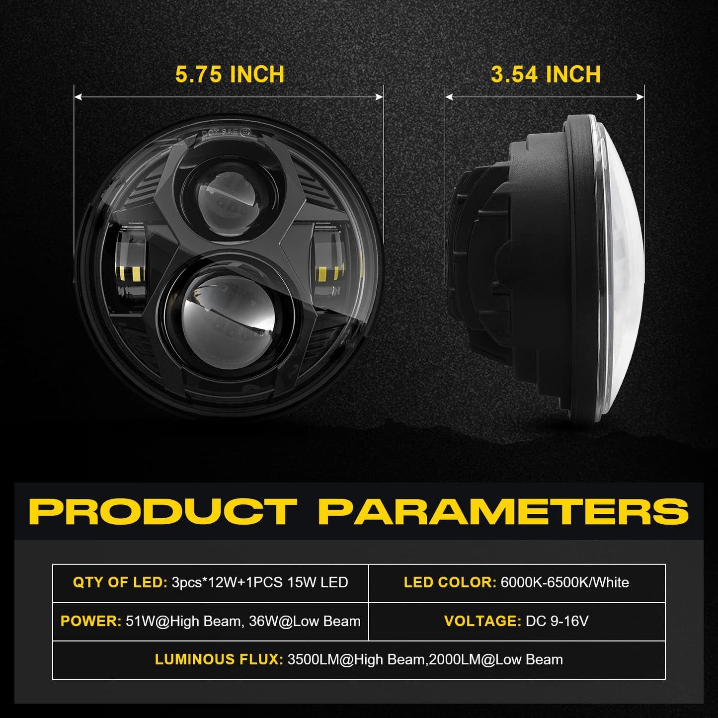 Goolight 51W 5-3/4 5.75 inch Motorcycles LED Headlight with EMC Compatible with Iron 883 Dyna Street Bob Super Wide  Low Rider Night Rod Train Softail Deuce Custom Sportster,Black